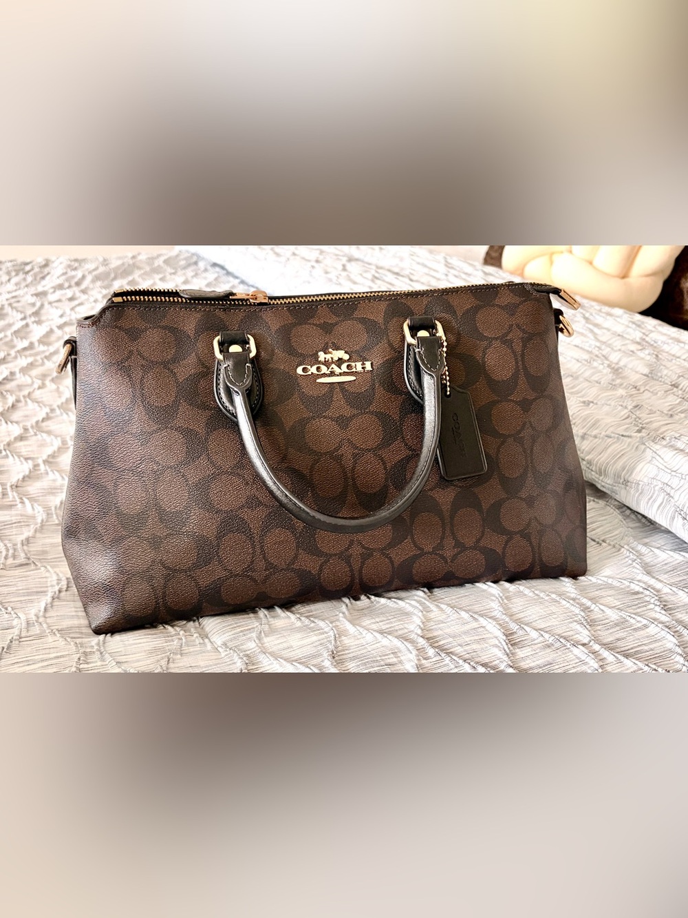 Coach Brown Signature Canvas Satchel with Leather Trim